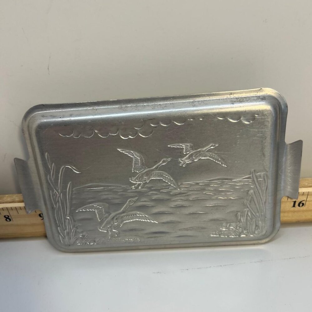 Vintage Aluminum Serving Trays Duck Pond Scene Set of Two Silver - Picture 3 of 4